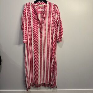 Boo Gemes Geometric Tassel Caftan Maxi Dress pink white  Size XS Cotton Boho